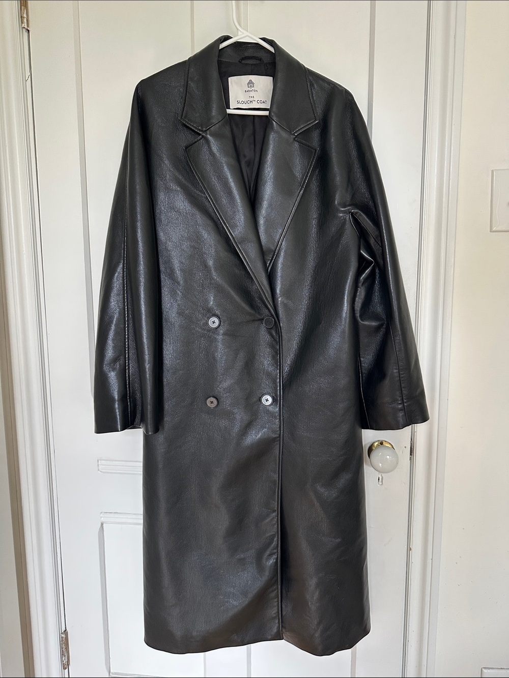 Aritzia Babaton “The Slouch Coat” Double-Breasted Faux Leather Long Coat - Black